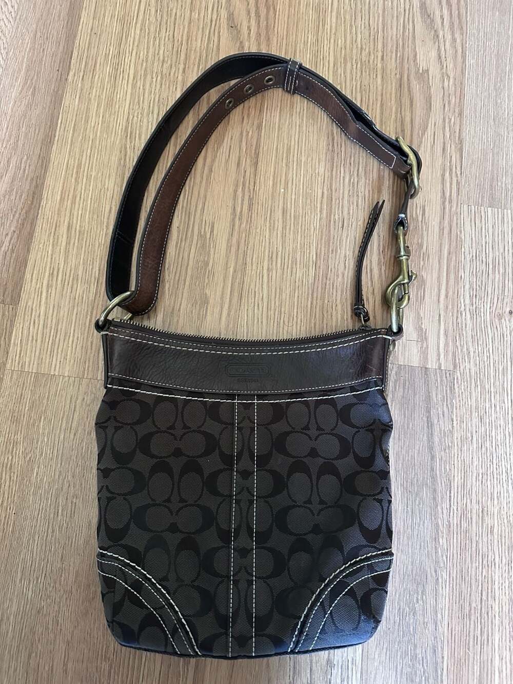 Coach Signature C Brown Canvas Leather Trim Crossbody Bag